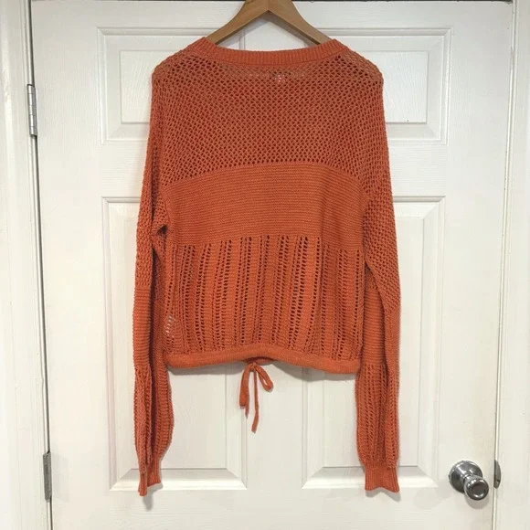 Women S Open Knit Sweater Coral Orange Crop Balloon Sleeve‎ Boxy American Eagle - Picture 4 of 8